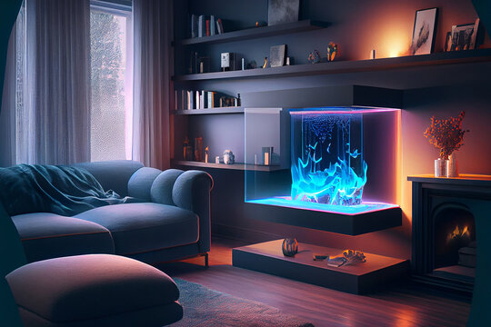 A living room with a holographic fireplace and floating shelves, generative ai illustration