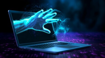 Virtual grabbing hand emerging from the laptop. Generative ai