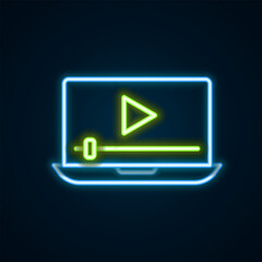 Glowing neon line Online play video icon isolated on black background. Laptop and film strip with play sign. Colorful outline concept. Vector