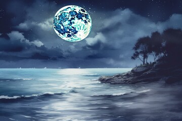 Fototapeta na wymiar Watercolor painting of a seascape under moonlight. Generative AI