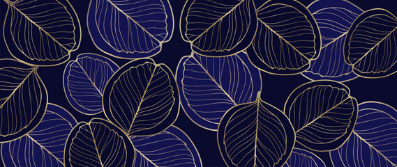 Blue luxury botanical background with golden eucalyptus leaves. Background for decor, covers, wallpapers, postcards and presentations