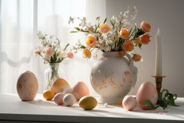 Obraz na płótnie Canvas Easter decorations in a room with eggs and flowers in a vase on a white background. Generative AI