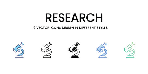 Research Icon Design in Five style with Editable Stroke. Line, Solid, Flat Line, Duo Tone Color, and Color Gradient Line. Suitable for Web Page, Mobile App, UI, UX and GUI design.