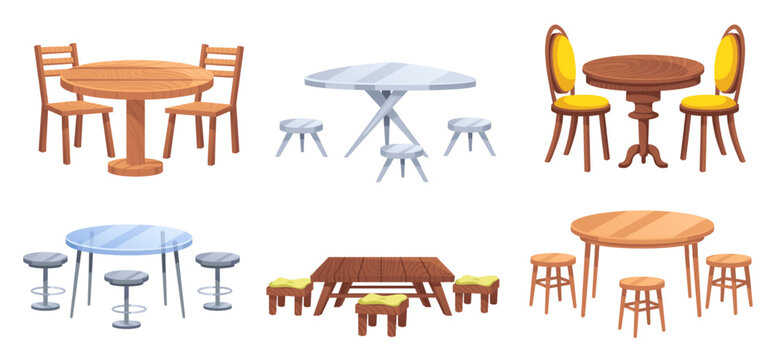Cartoon furniture. Tables with chairs for dining, restaurant and picnic scene. Table for two vector illustration set