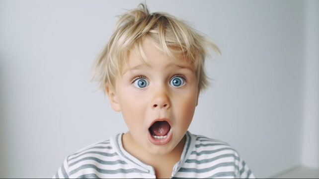 Emotional excited cute little boy raising eyebrows and open mouth being surprised and shocked kid, showing an astonished reaction on unexpected news. generative ai