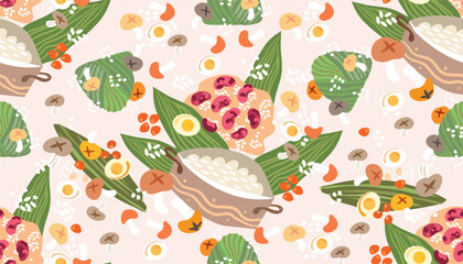 Happy Dragon Boat festival seamless pattern. Duanwu template in the concept of traditional activities. Dragon, rice, zongzi dumplings, sachets Vector flat cartoon illustration