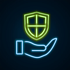 Glowing neon line Shield in hand icon isolated on black background. Insurance concept. Guard sign. Security, safety, protection, privacy concept. Colorful outline concept. Vector