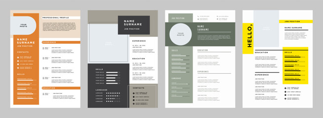 Business CV template. Minimalistic resume layout with work experience, education and skills fields vector set - obrazy, fototapety, plakaty