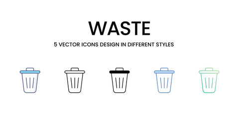 Waste Icon Design in Five style with Editable Stroke. Line, Solid, Flat Line, Duo Tone Color, and Color Gradient Line. Suitable for Web Page, Mobile App, UI, UX and GUI design.