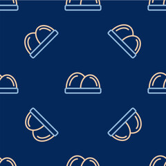 Line Sushi icon isolated seamless pattern on blue background. Traditional Japanese food. Vector