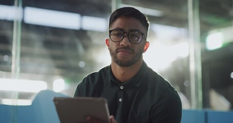 Tablet, internet and portrait of businessman working online or working on a project in a tech startup company. Worker, glasses and man employee working on a proposal or strategy at the workplace