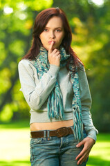 Fototapeta premium 20-25 years old beautiful sexy woman portrait in autumn outdoors