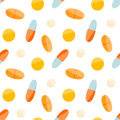 Seamless pattern with pills and capsules on white background. Medicine or dietary supplements. Healthy lifestyle. Design for clinics, hospitals, pharmacies, etc.