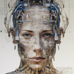 Closeup portrait of robot head. Artificial design concept.detailed art concept,  Created using generative AI tools.