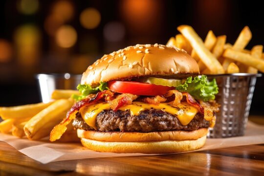 Home-style Bacon Cheeseburger and fries with tomato, pickles and lettuce with blurred background. AI Generated
