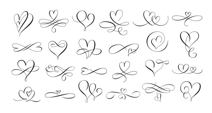 Love hearts flourish. Calligraphy hand drawn heart, romantic text divider and lovely twirl line scribble vector set