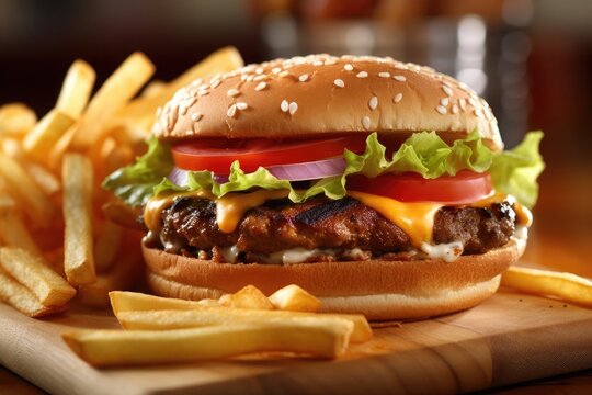 Traditional Homemade Cheeseburger and fries with tomato, red onion and lettuce with blurred background. AI Generated