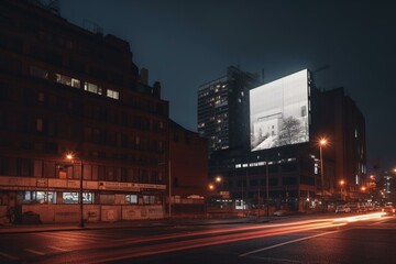 Night cityscape with white vertical billboard against modern brick building, illuminated by backlights. 3D mockup. Generative AI