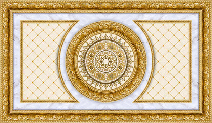 Gold Stretch ceiling pattern. Decorative traditional islamic pattern in 3d gol frame. Ornament in round motif and classical style. Image for stretch ceiling decoration, decorative ornament, Stretch ce - obrazy, fototapety, plakaty