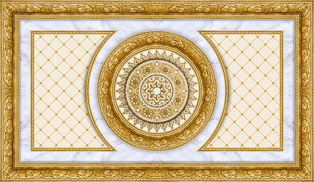 Gold Stretch ceiling pattern. Decorative traditional islamic pattern in 3d gol frame. Ornament in round motif and classical style. Image for stretch ceiling decoration, decorative ornament, Stretch ce