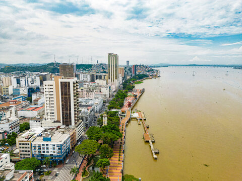 Aerial view of Malecon Simon Bolivar in Guayaquil, a recreational place for locals and tourists near down town.