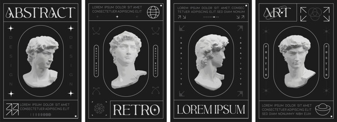 Exibition, Greece modern face with contemporary element. goddess sculpture and bust for background, flyer or poster, retro, social media, graphic design, sticker, Y2k style elements,Digital Collage