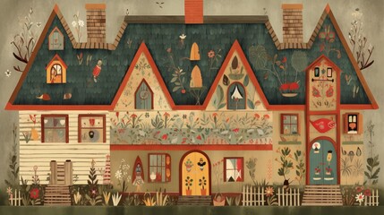 Naklejka premium A House in Folk Art Style