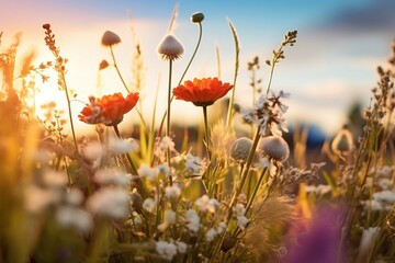summer flowers blossoming in a field with summer time in the horizon. Generative AI
