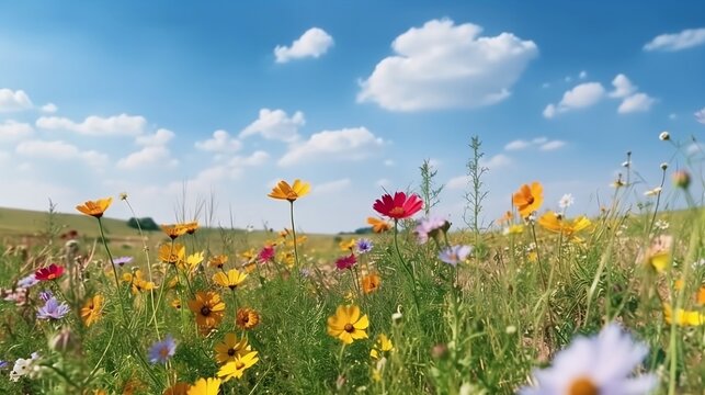 beautiful colored flowers in the field in summer day time environment, a sky shot of the field that shows flowers in the horizon throughout. Generative AI