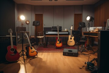 Indoor music studio with guitar and equipment. Generative AI