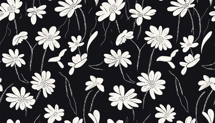 Hand drawn simple black and white abstract floral print. Trendy bright collage pattern. Fashionable template for design