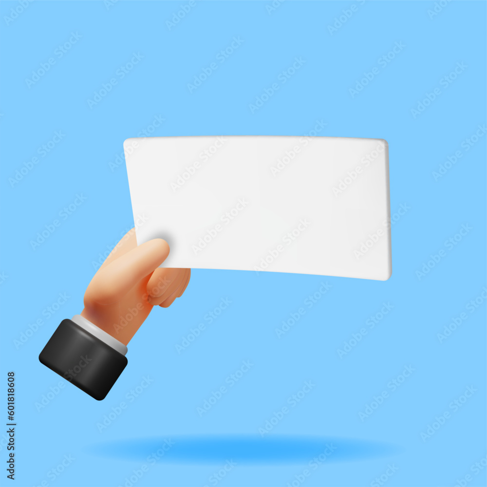 Poster 3d hand holding blank paper isolated. render empty paper sheet in hand. label or tag. empty business