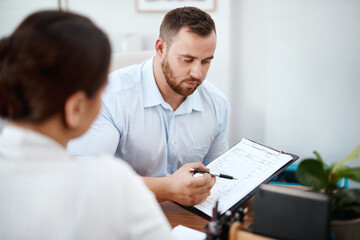 Clipboard, documents and business people or clients in office in advice, support or talking of...