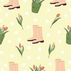 Spring pattern with flowers and rubber boots. High quality vector illustration.