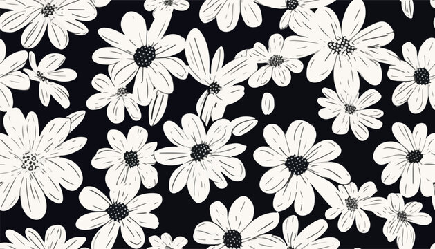 Hand drawn simple black and white abstract floral print. Trendy bright collage pattern. Fashionable template for design