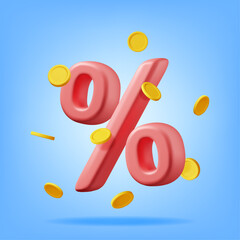 3D Realistic Percent Sign Icon with Coins. Render Money, Finance or Business Concept. Percentage, Sale, Discount, Promotion and Shopping Symbol. Offer Price Tag, Coupon Bonus. Vector Illustration