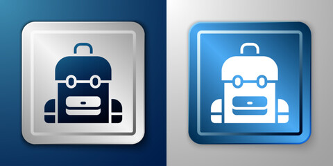 White School backpack icon isolated on blue and grey background. Silver and blue square button. Vector