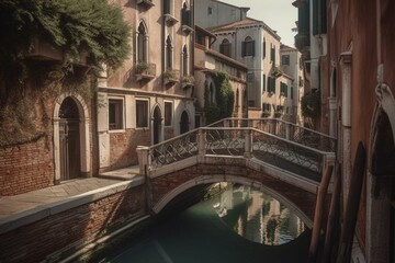 Fototapeta na wymiar Ancient Venetian canal with historic bridge. Generative AI