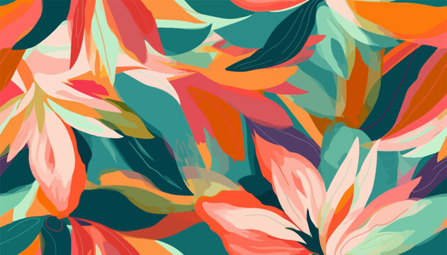 Fototapeta Modern tropical floral pattern. Colorful abstract contemporary seamless pattern. Hand drawn unique print