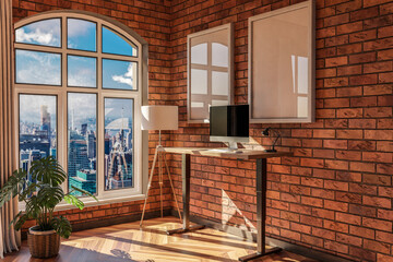 modern standing desk pc workplace in daylight downtown skyline office; home decoration desing and home office concept; 3D Illustration