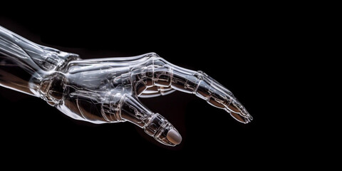 Robot hand on the black background, ai artificial intelligence assistance work with computer display, crystal office background. Generative AI