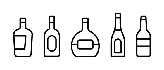 Bottles of alcohol vector icon set. Wine, whiskey, champagne and beer symbol. Linear glass bottles sign for restaurant menu design