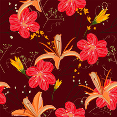 Beautiful classic floral fashion seamless background with red flowers and orange lilies on brown backdrop. Hand drawn illustration.