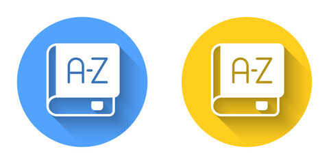 White Translator book icon isolated with long shadow background. Foreign language conversation icons in chat speech bubble. Translating concept. Circle button. Vector