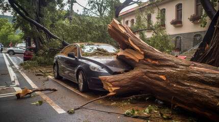 Fototapeta na wymiar ein Baum kracht auf ein Auto, schwerer Orkan