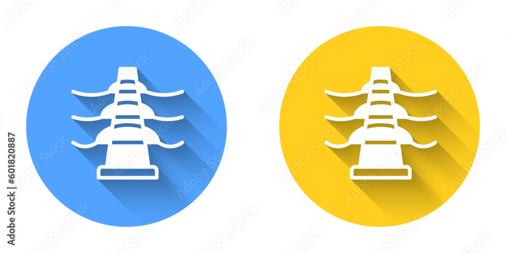 Poster white electric tower used to support an overhead power line icon isolated with long shadow backgroun