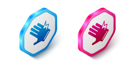Isometric Electric glove icon isolated on white background. Safety gloves, hand protection. Hexagon button. Vector