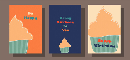 Birthday card. Greeting card. Invitation. Save the date. Festive decor. Cake, cupcake, candles, balloons, gifts.Postcards with a cupcake	