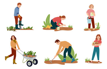 Set vector flat characters of men, women, kids performing gardening works Doing hobby garden work watering, planting, hoeing, arranging Spring gardening concept with tools