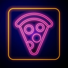 Glowing neon Slice of pizza icon isolated on black background. Fast food menu. Vector